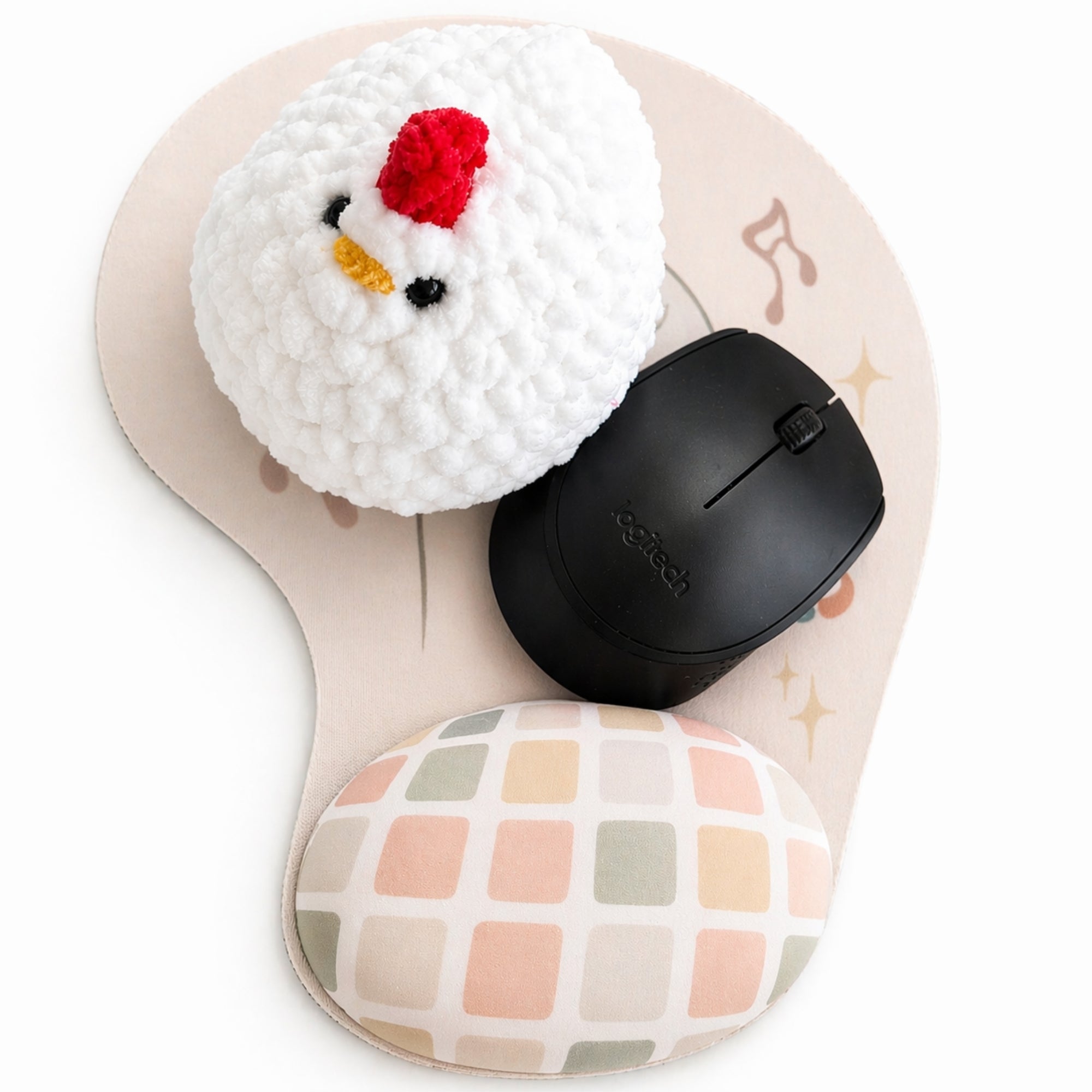 Happy Hen crochet plush size comparison next to computer mouse, handmade amigurumi chicken toy approx 3 inches tall