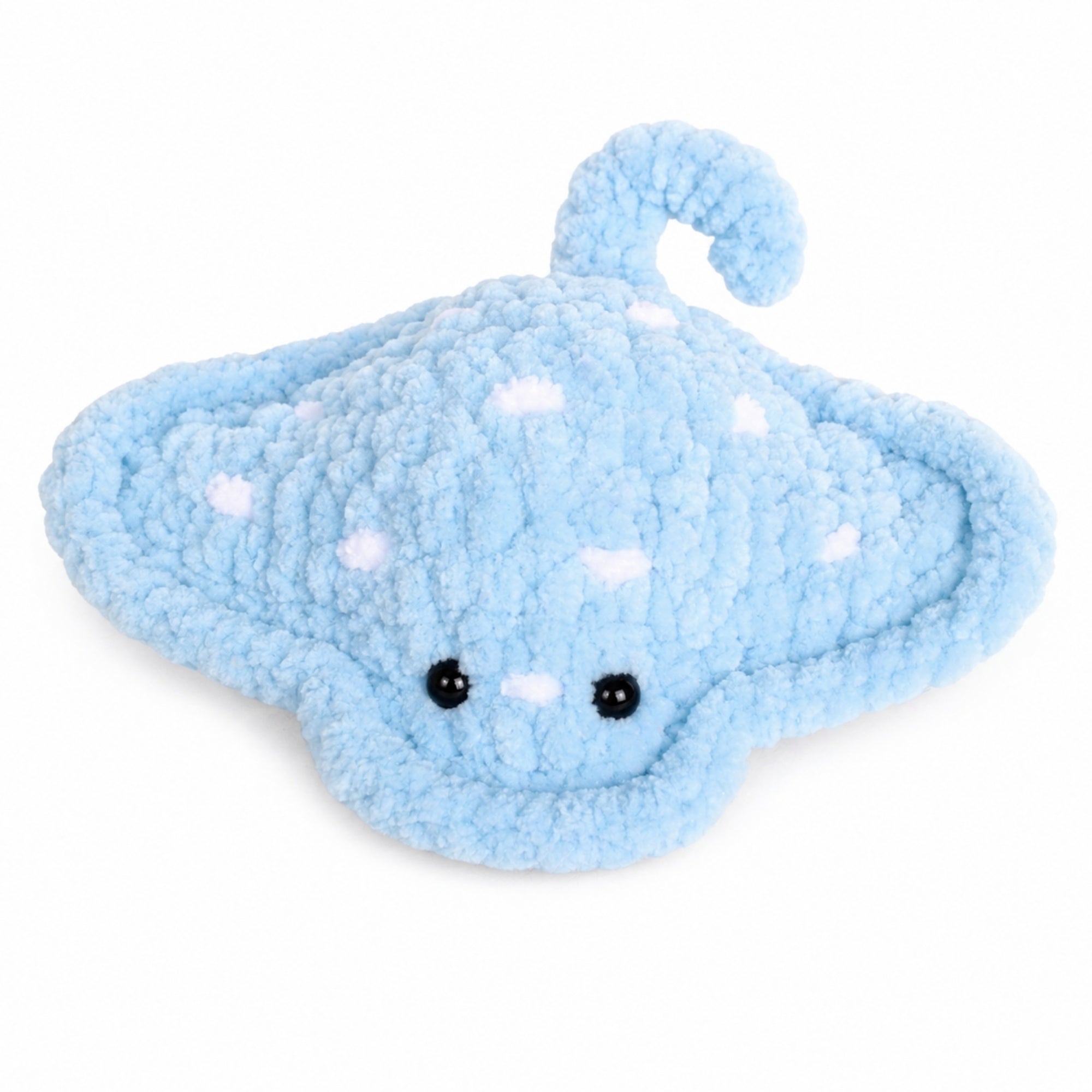 📝 ALT Text:
Handmade blue baby stingray crochet plush with white spots, soft amigurumi ocean toy, cute small stuffed animal for gift or decor