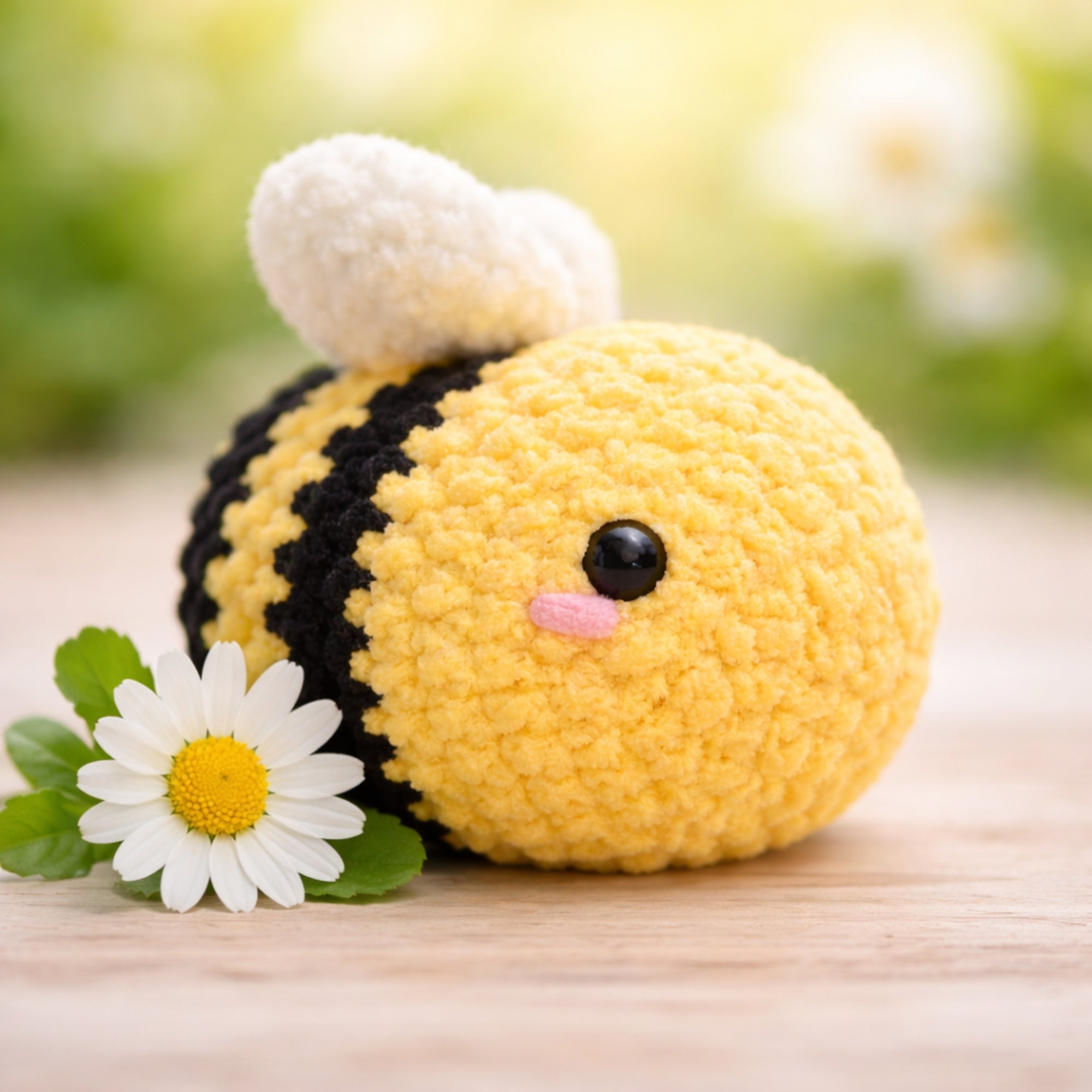 handmade crochet bee plush with daisy flower