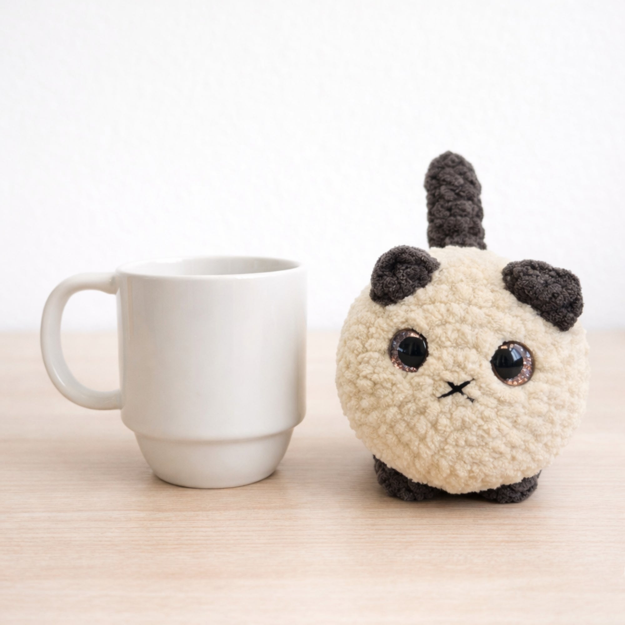 handmade crochet cat amigurumi plush size comparison with coffee mug