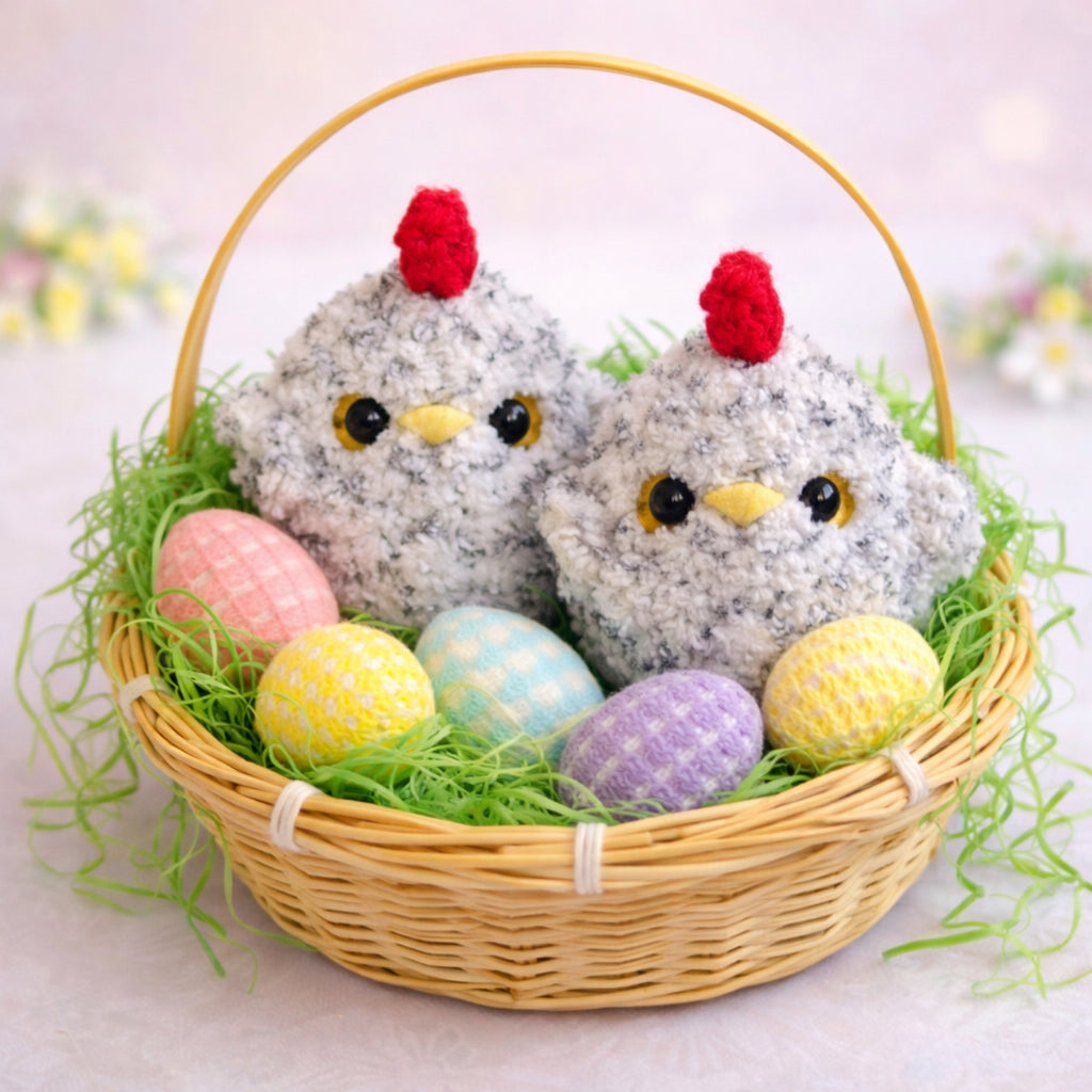 cute crochet chicken plush in Easter basket with grass filler and colorful Easter eggs