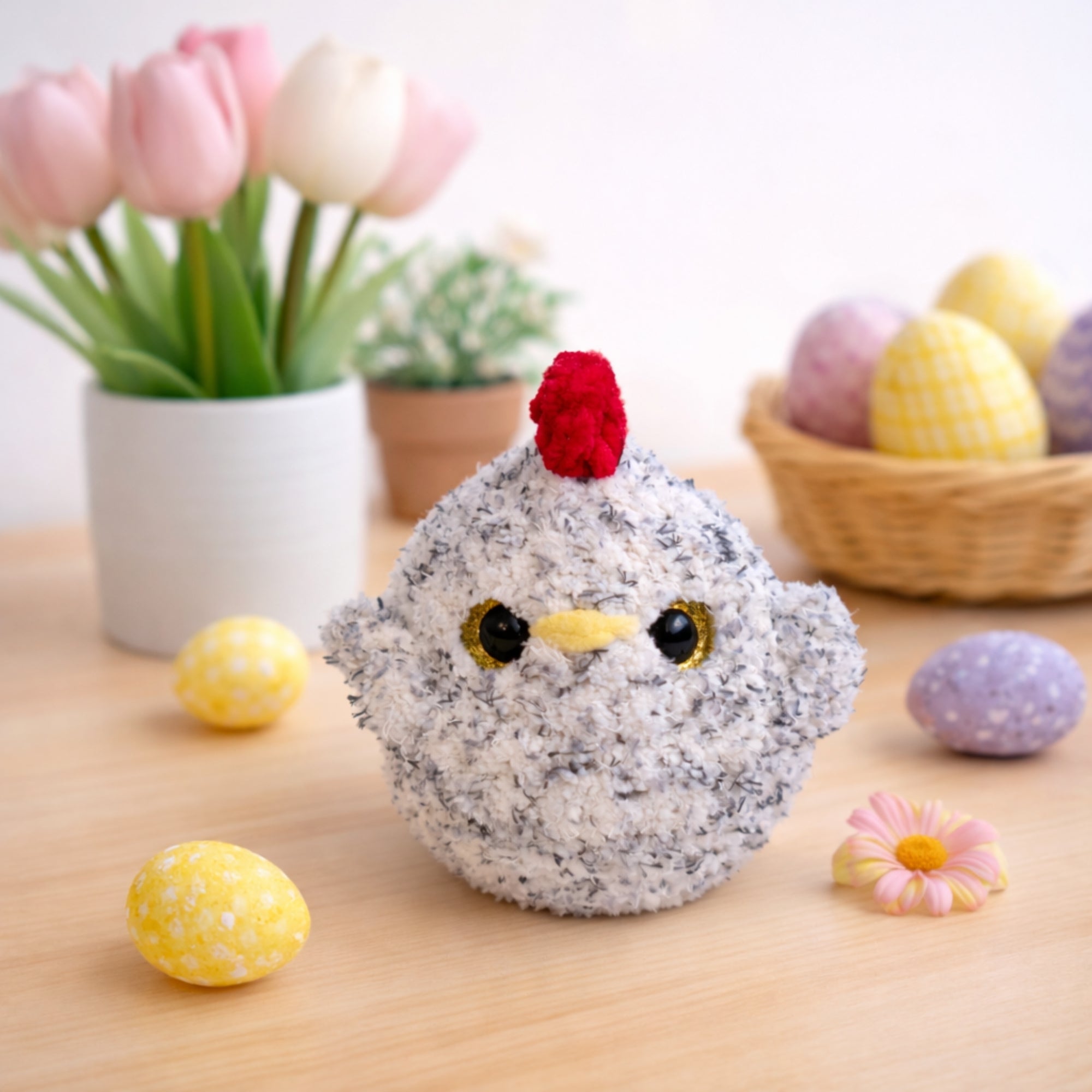 handmade crochet chicken plush on spring table decor with Easter eggs and flowers