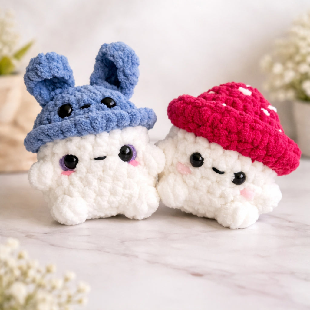 Handmade crochet mushroom plush in bunny and classic styles displayed together