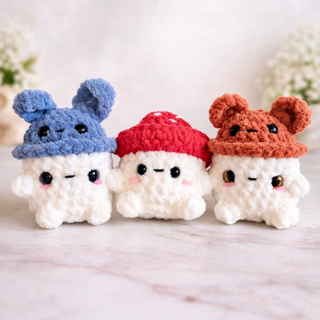 Handmade crochet mushroom plush in bunny, bear and classic styles