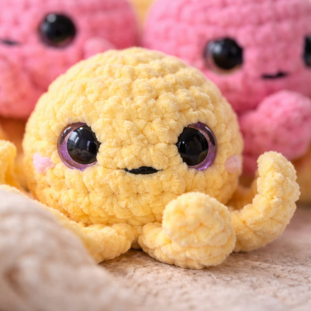 Close-up texture of handmade yellow crochet octopus plush amigurumi toy with soft yarn and cute face
