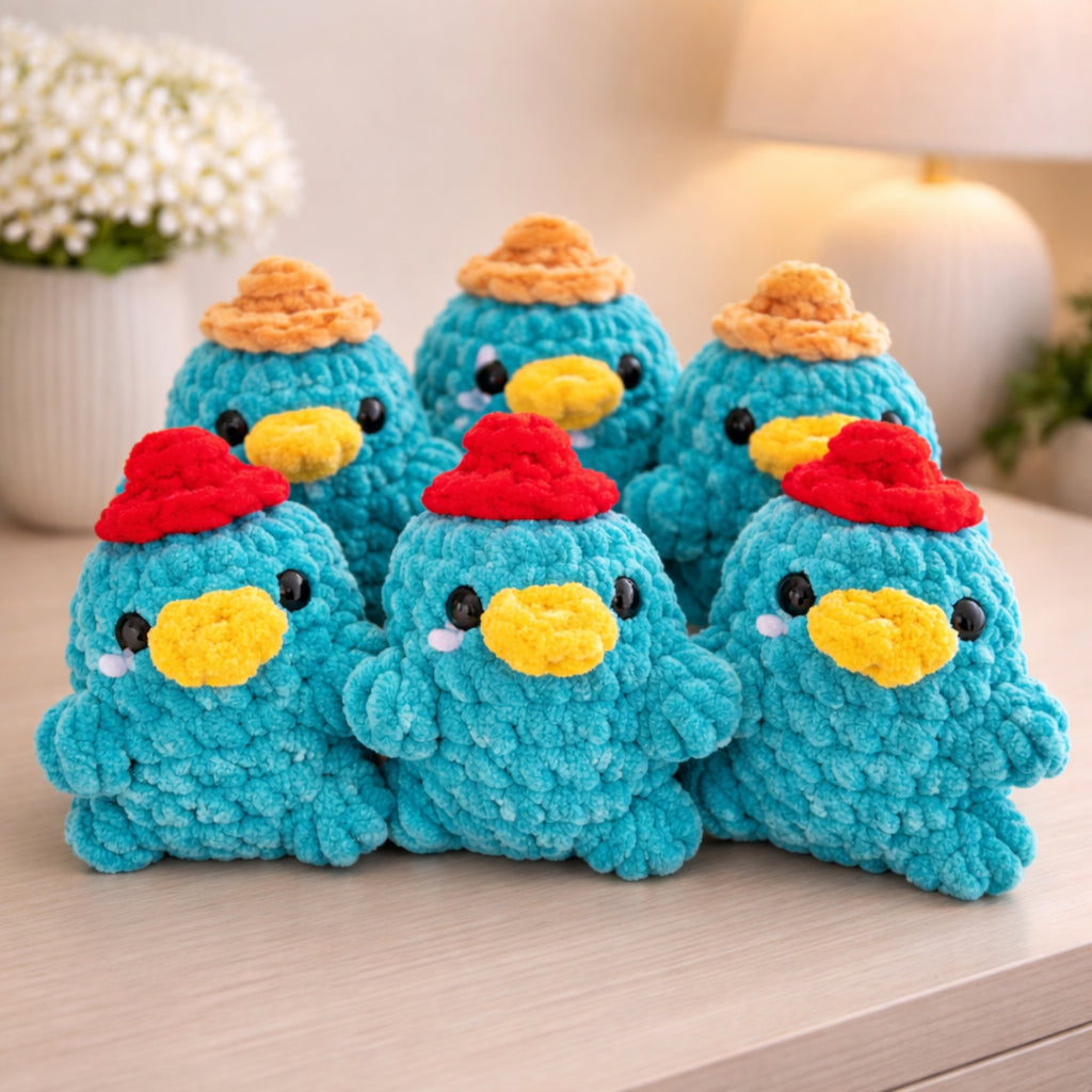 Group of handmade crochet platypus plush amigurumi toys with different hat colors.