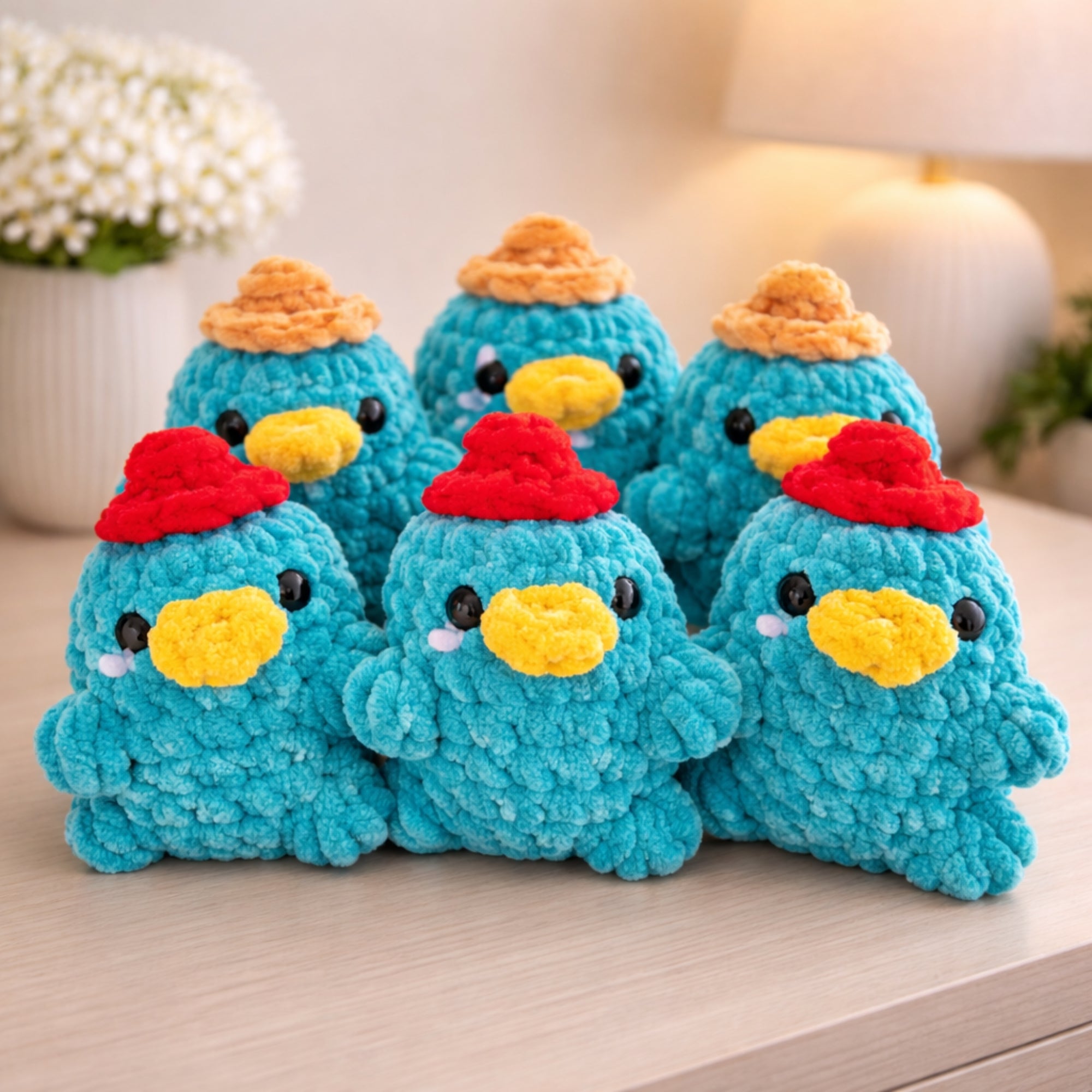 Group of handmade crochet platypus plush amigurumi toys with different hat colors.