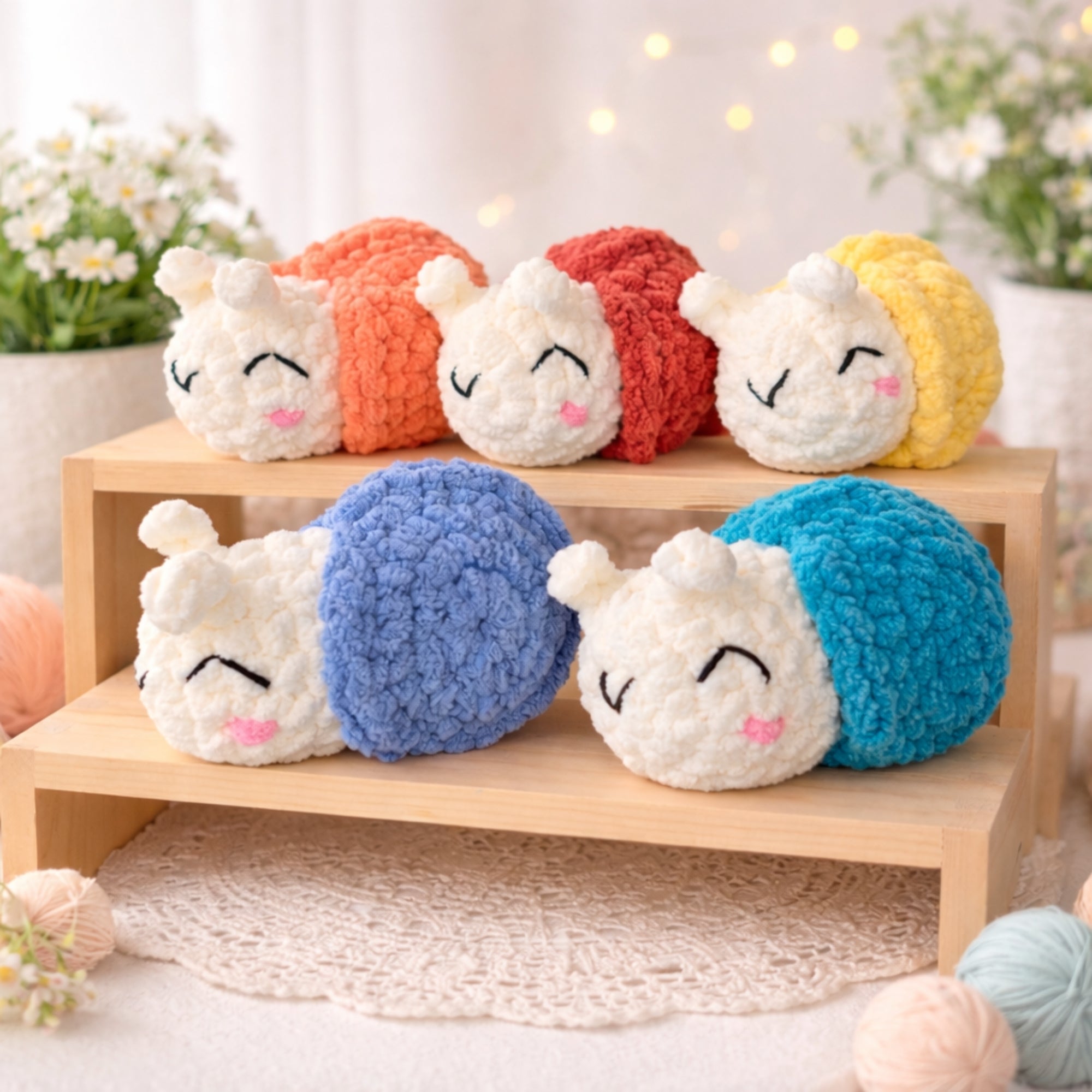 Handmade crochet snail amigurumi plush in multiple color options.