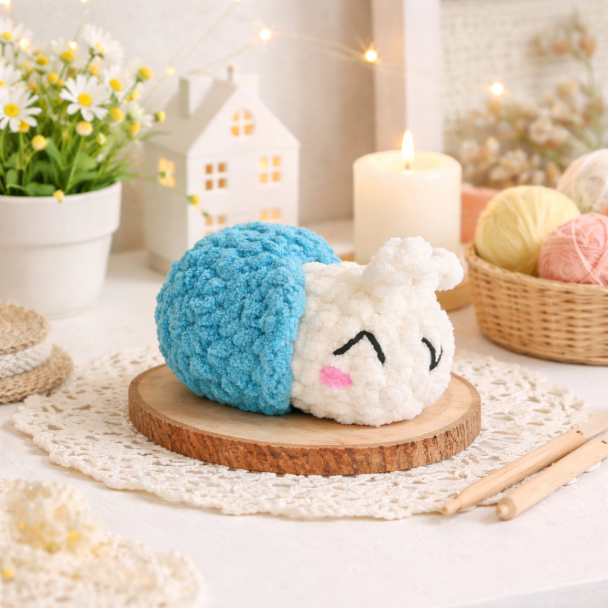 Handmade crochet snail amigurumi plush used as cute home decor