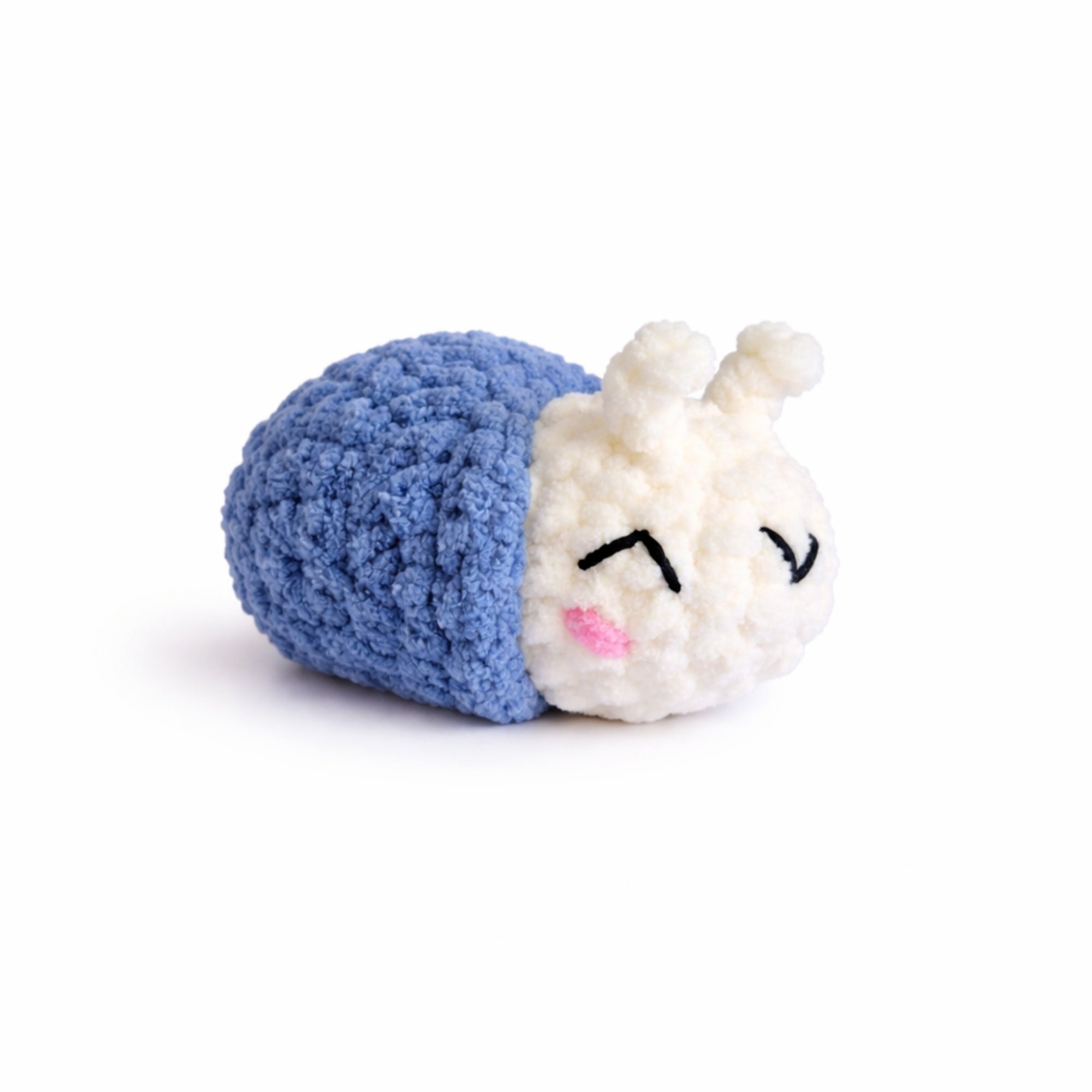 Handmade crochet snail amigurumi plush with blue shell.