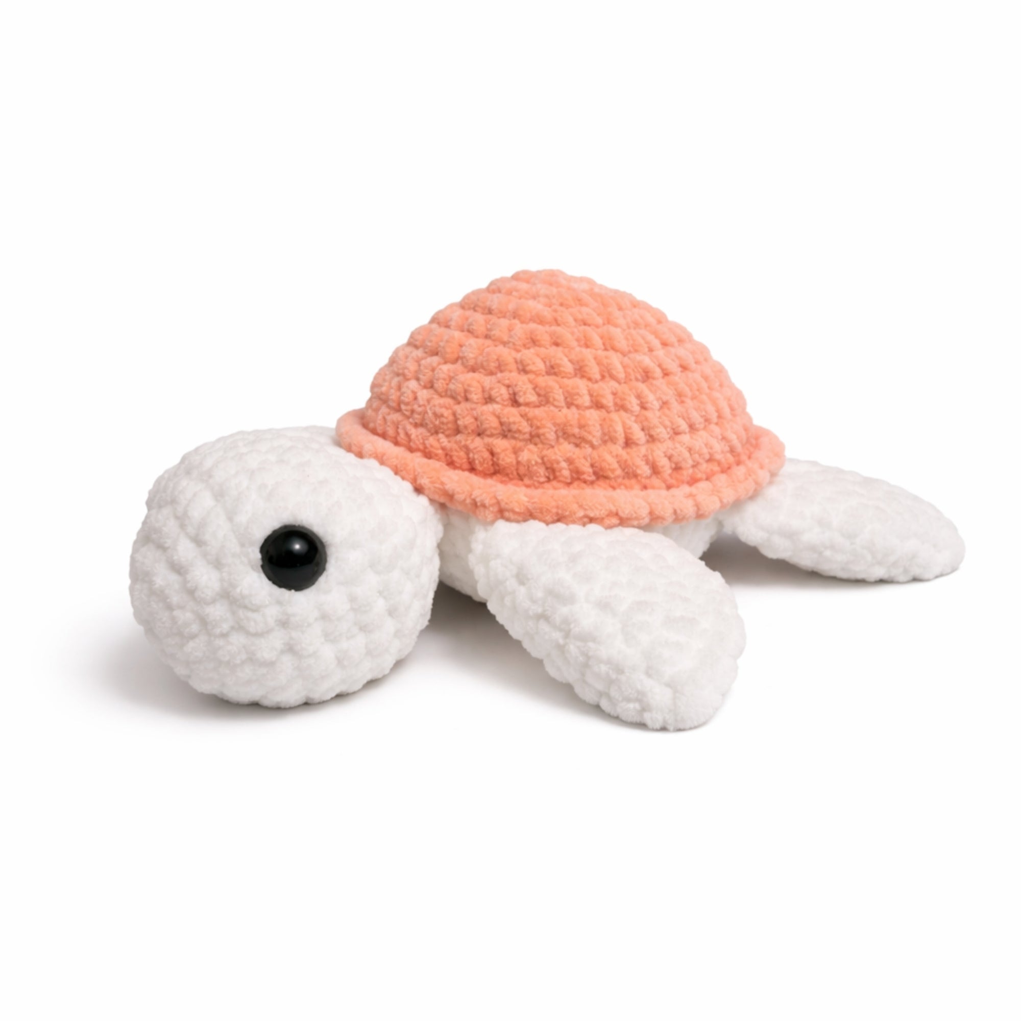 Handmade crochet turtle plush with peach shell and white body, soft amigurumi stuffed animal.

Option 2 (M