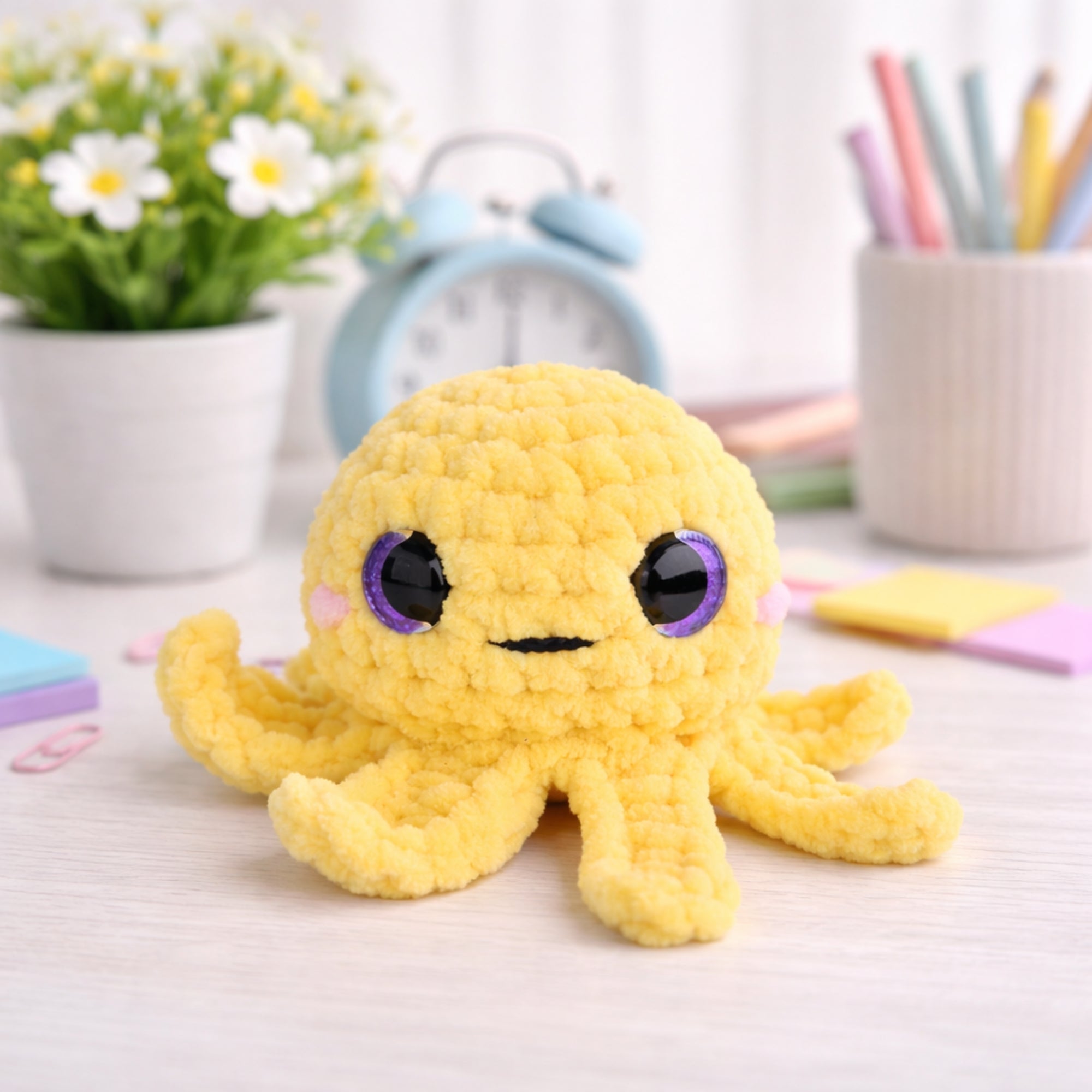 Cute handmade crochet octopus plush toy placed on desk with flowers and clock background