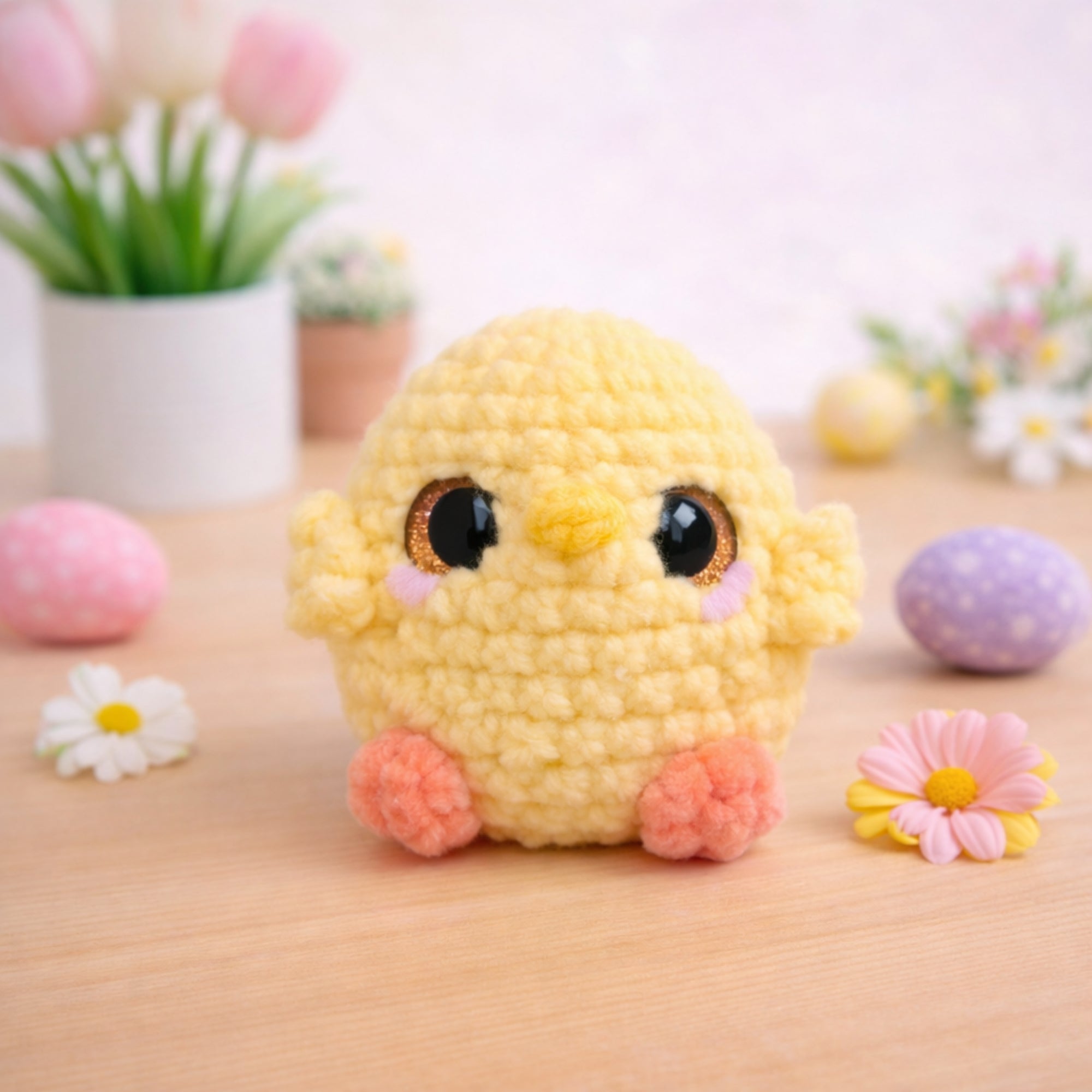 cute crochet baby chick plush Easter decor with flowers and pastel eggs