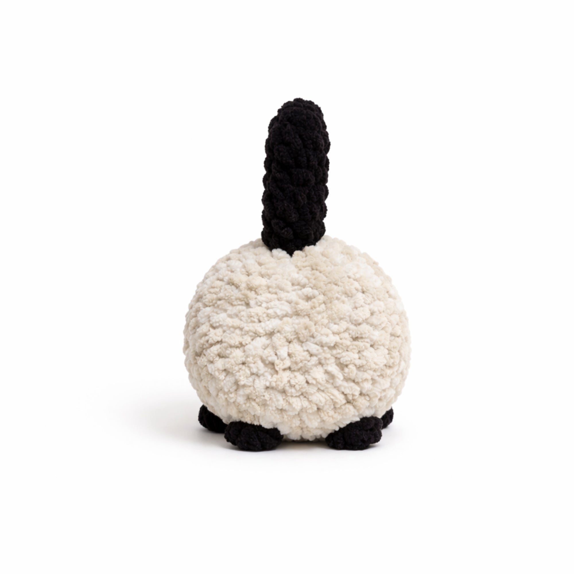 back view of handmade crochet cat amigurumi plush toy
