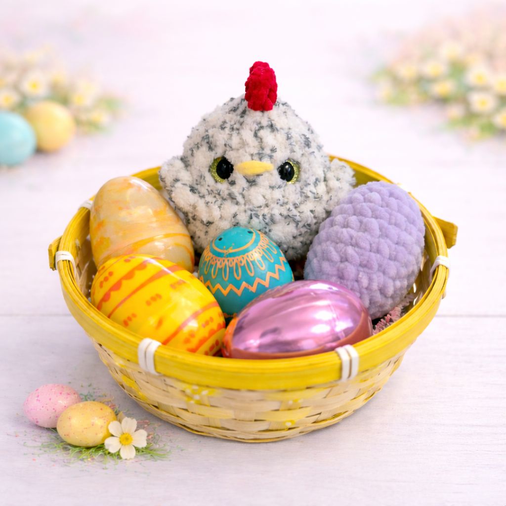 crochet chicken plush in Easter basket with colorful eggs