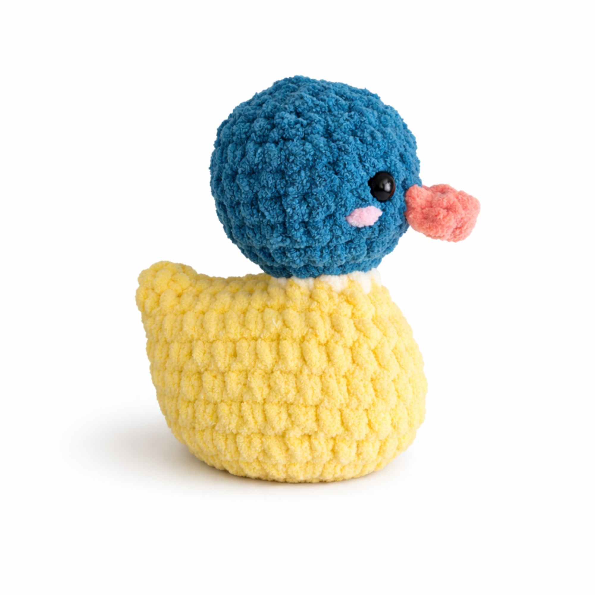 Handmade crochet duck amigurumi plush toy with blue head and yellow body 