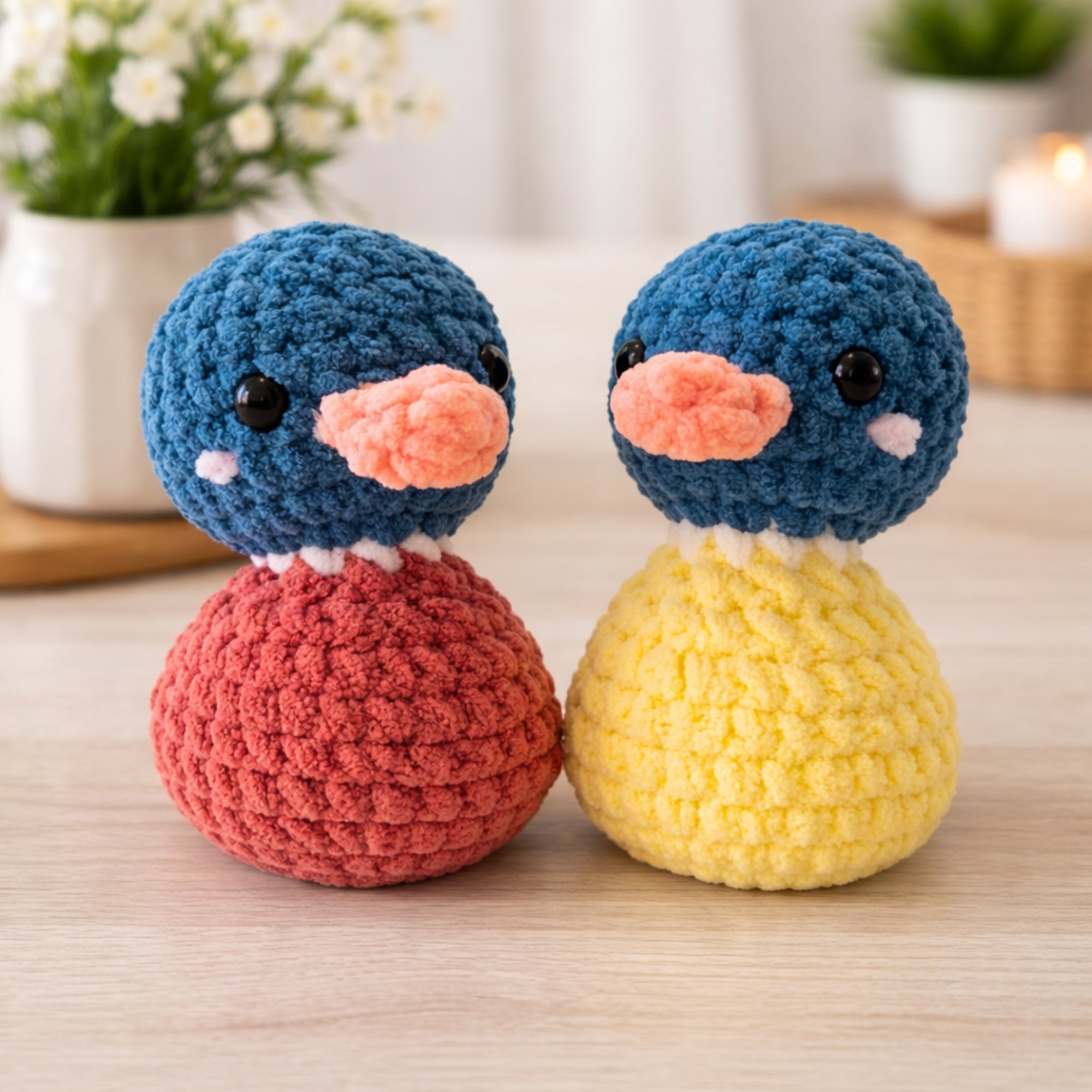 Handmade crochet duck amigurumi plush toys displayed as cute home decor