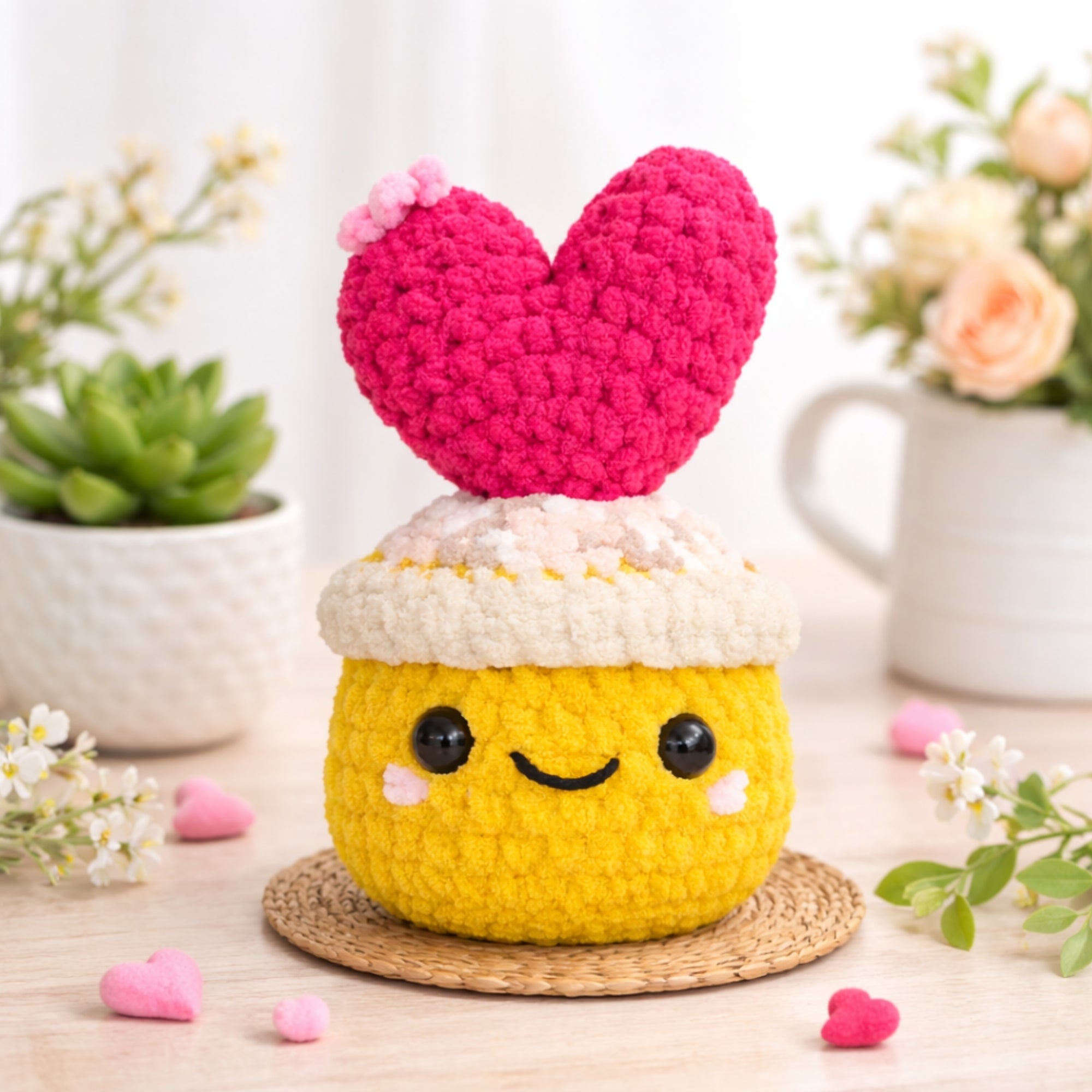 Handmade kawaii crochet heart cactus plush cute amigurumi desk decor