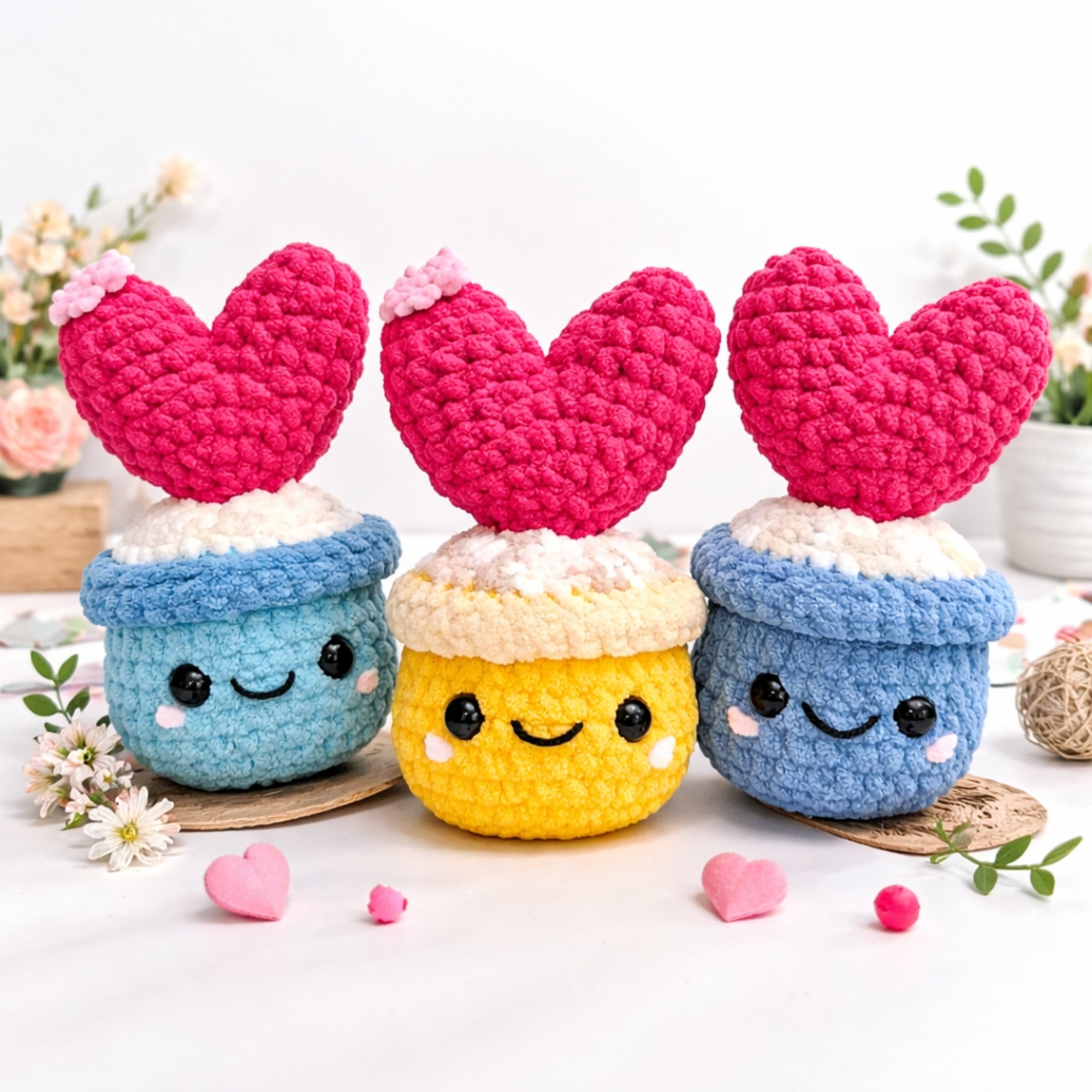 Handmade kawaii crochet heart cactus plush set cute amigurumi desk decor gift