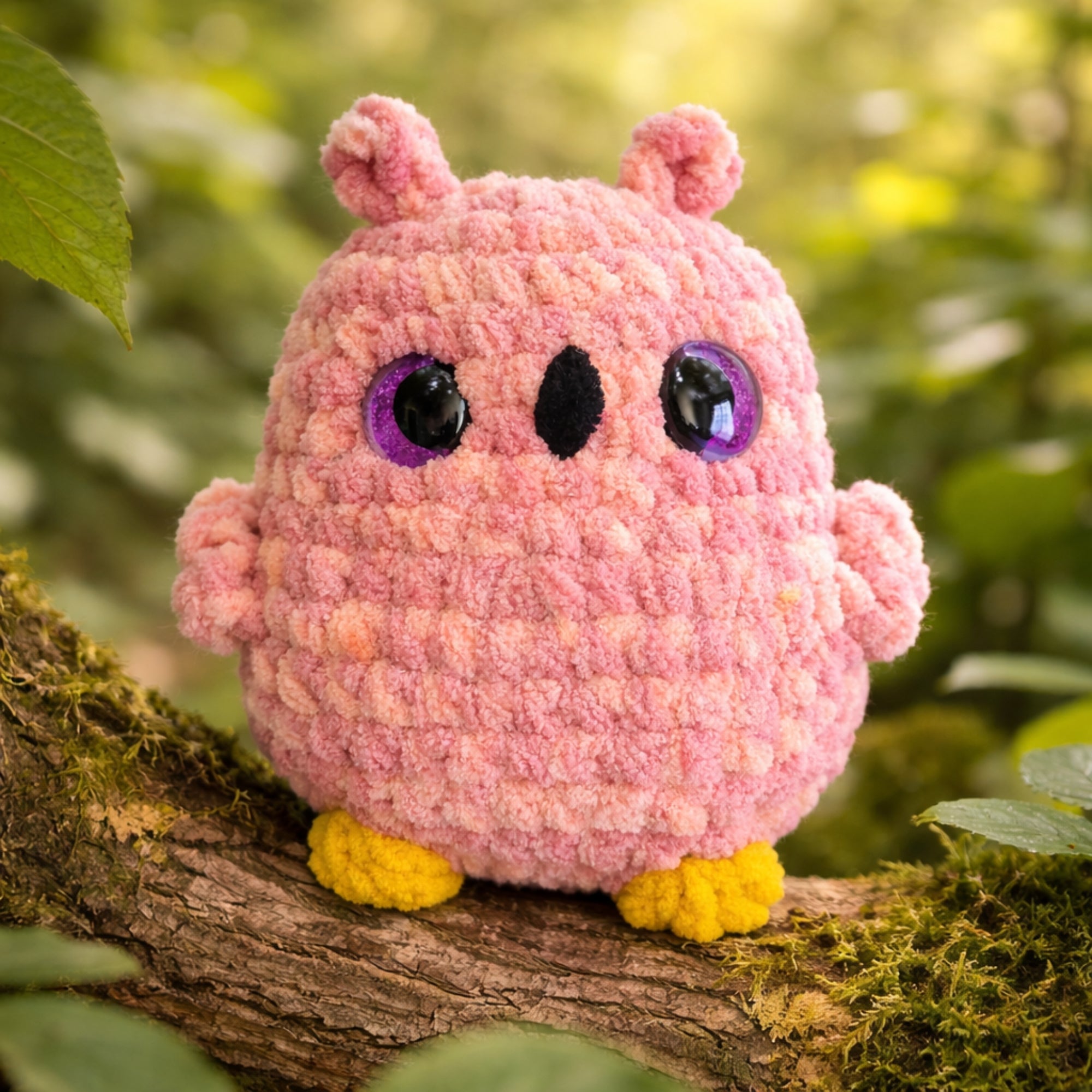 handmade crochet owl amigurumi plush toy on tree branch in forest