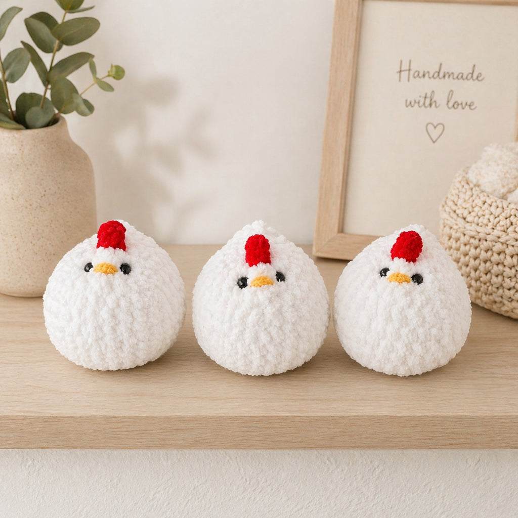 Happy Hen crochet plush set of three on wooden shelf, handmade amigurumi chicken toys soft fluffy mini hens cute home decor