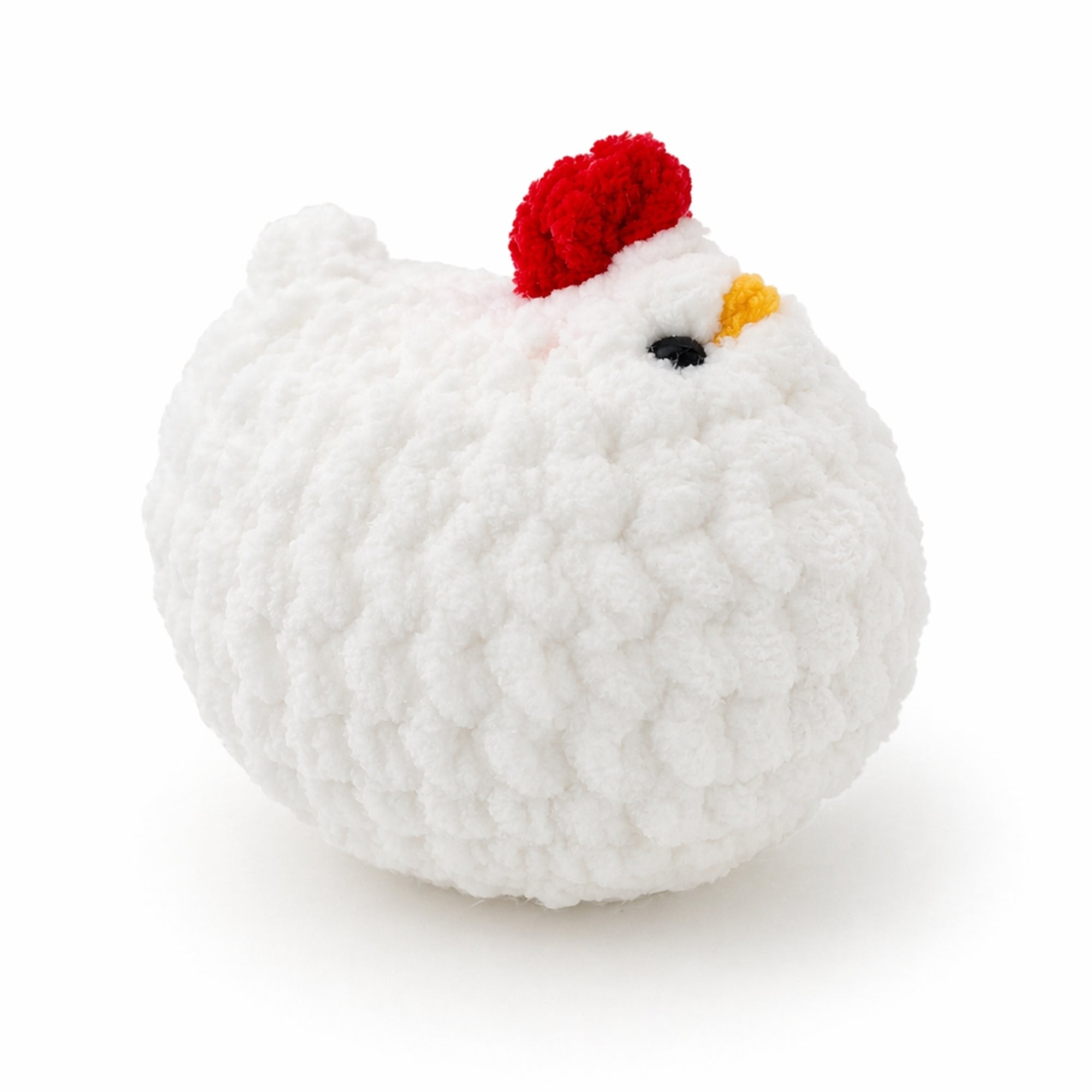 Happy Hen crochet plush side view, handmade amigurumi chicken toy soft fluffy white hen mini plush