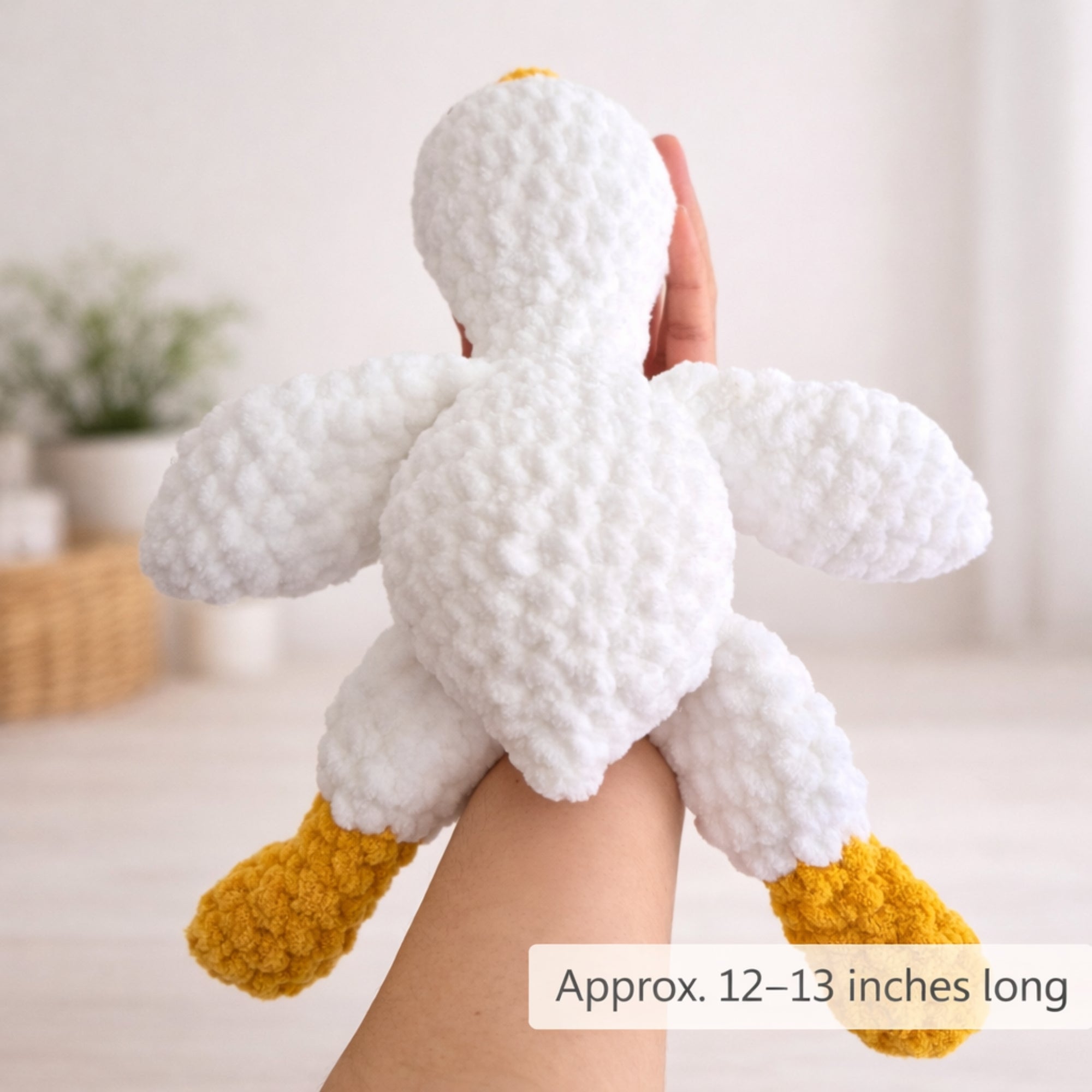 Large handmade crochet goose amigurumi plush toy approximately 12 to 13 inches long size reference