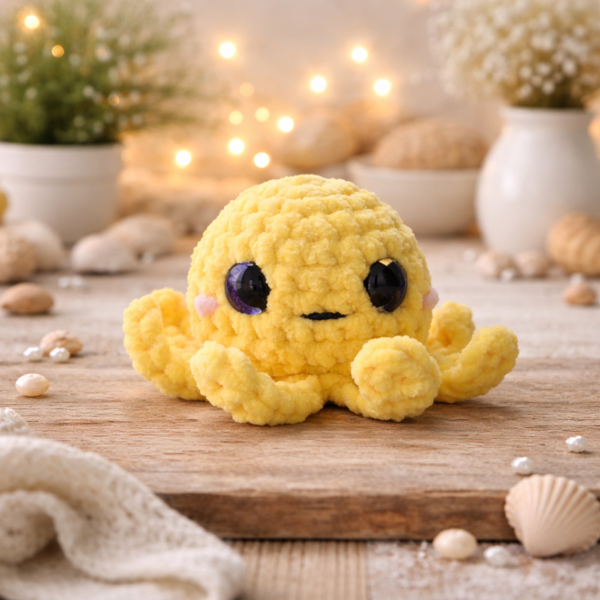 Mini handmade yellow crochet octopus amigurumi plush toy on wooden surface with warm decorative background