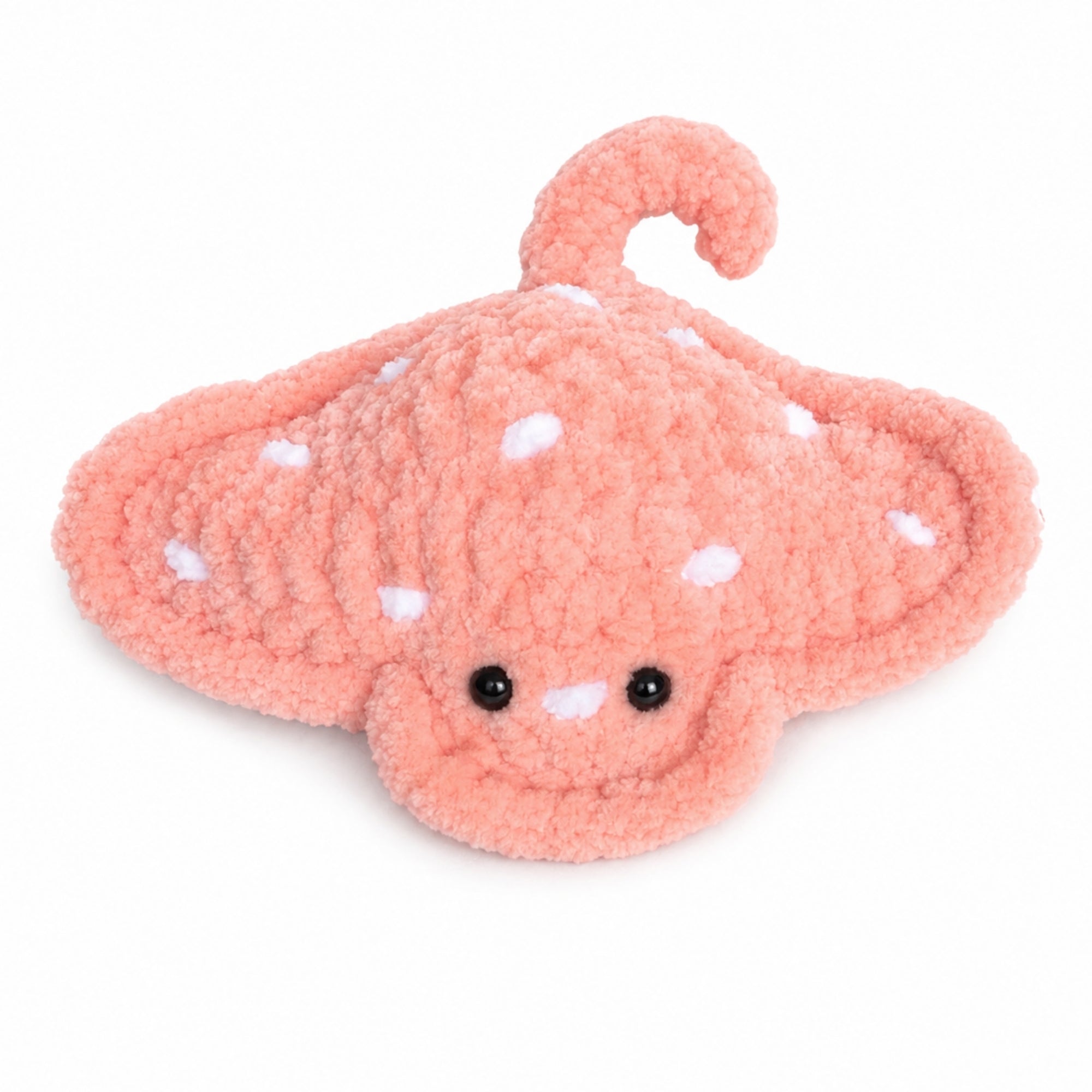 Handmade orange baby stingray crochet plush with white spots, soft amigurumi ocean toy, cute small stuffed animal for gift or decor