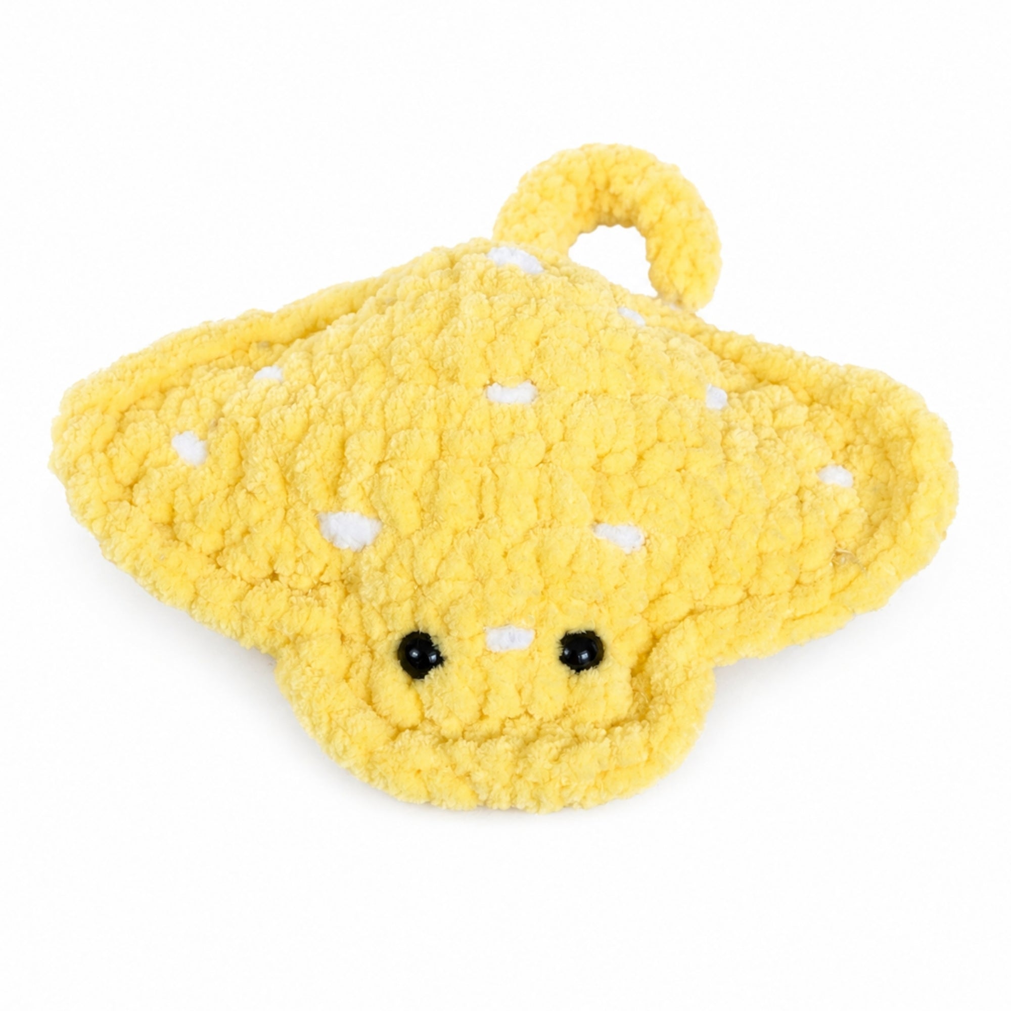 Handmade yellow baby stingray crochet plush with white spots, soft amigurumi ocean toy, cute small stuffed animal for gift or decor