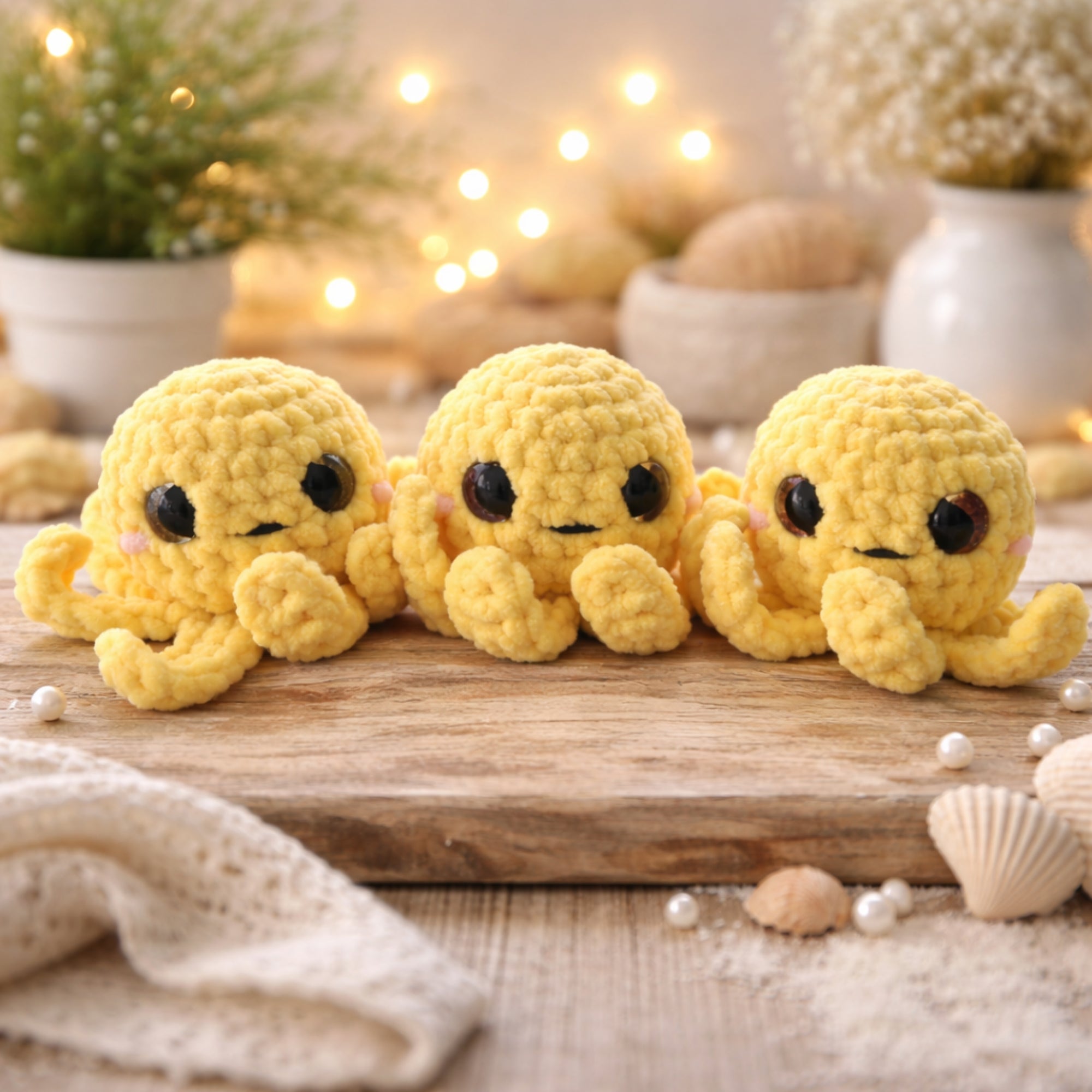 Three handmade yellow crochet octopus amigurumi plush toys on a wooden board with cozy decor and fairy lights background